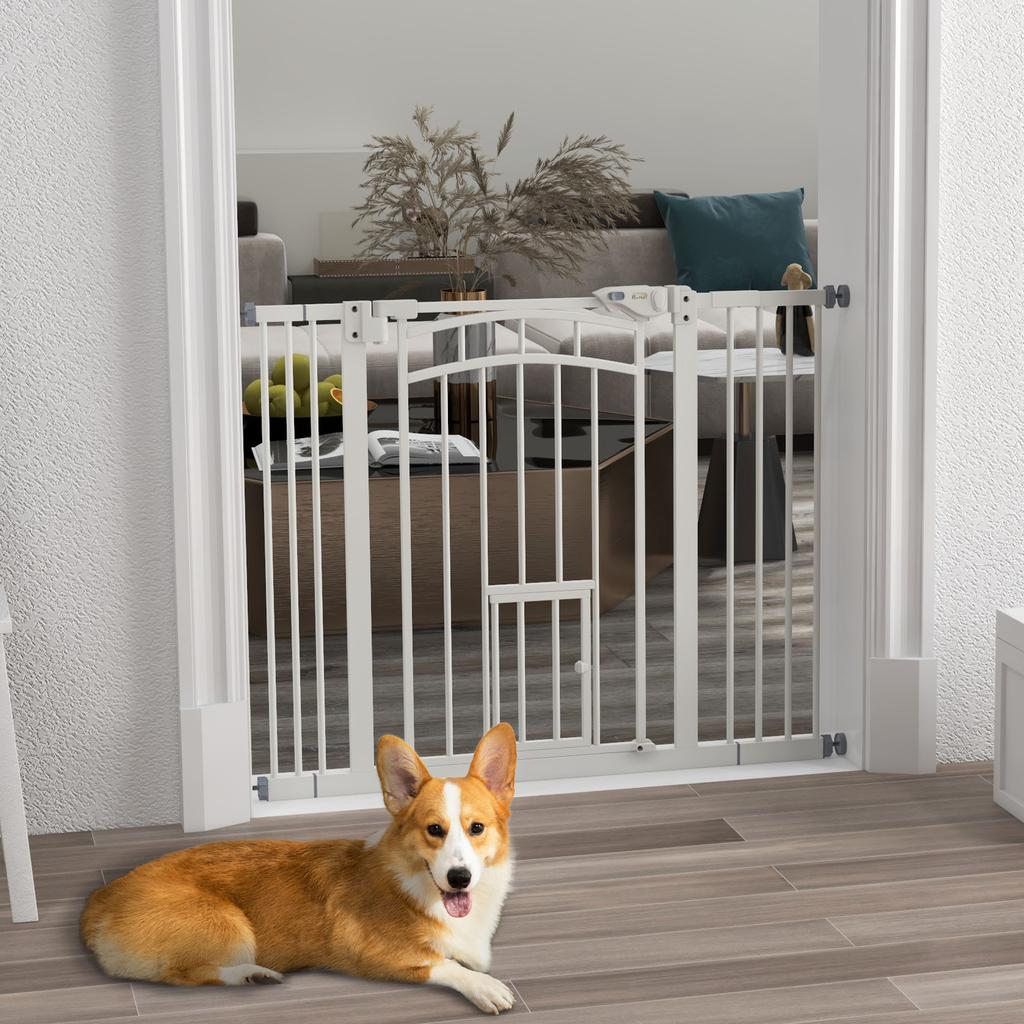 Pressure Fit Stair Dog Gate W/ Small Cat Door, Automatic Closing Door, Double Locking, for 74-100cm Openings - White