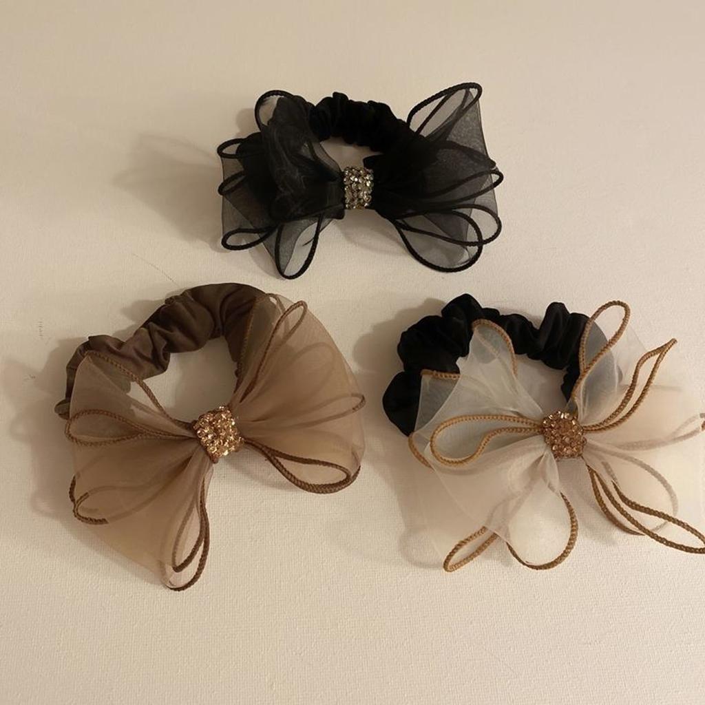 Mesh Rhinestones Bows Hair Tie Elastic Practical Hair Accessory For Women Girls Sports Party Hair Scrunchie Hair Decors