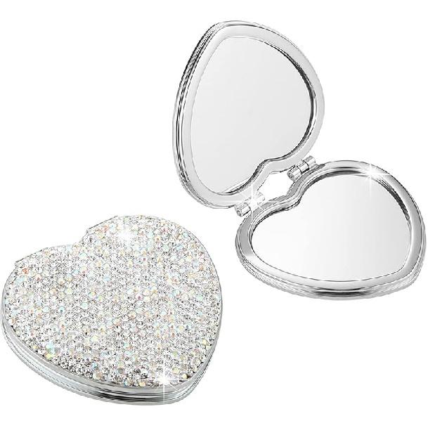 AsAlways Rhinestone Compact Pocket Mirror Portable Travel Cute Cosmetic Mirror Folding Handheld Double-Sided 1x/2x Magnifying Purse Mirror (Silver)
