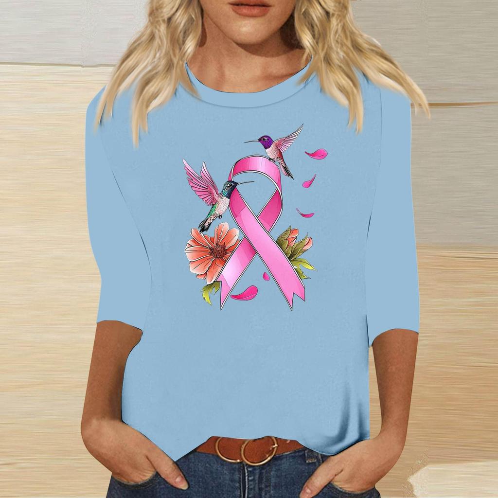 Women's Casual Round Neck Three-Quarter Sleeve Print Blouse with Ribbon and Butterfly Heart Pattern
