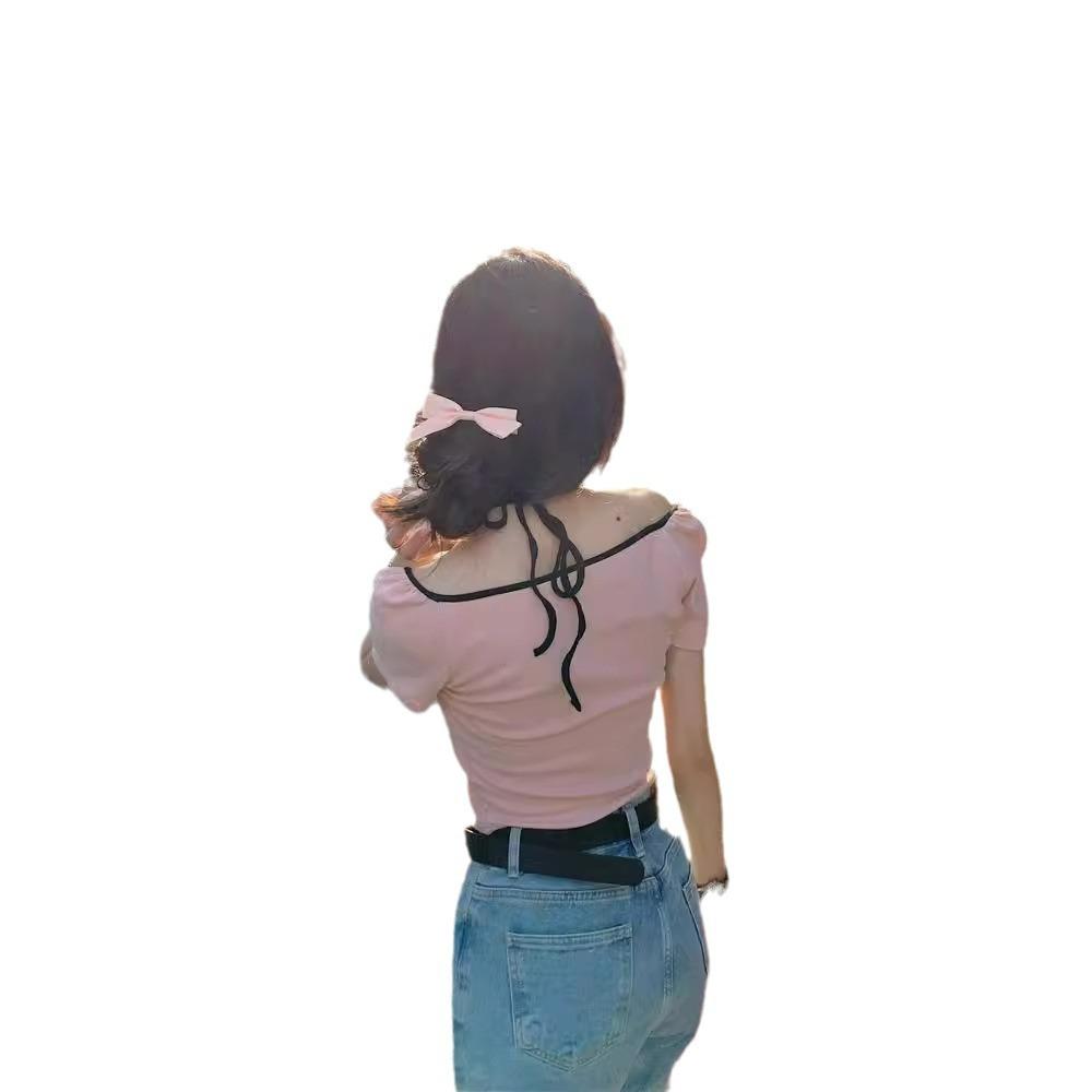Pure desire bow short sleeve slim fit slim waist T-shirt Spice girl sexy fashion versatile niche irregular top