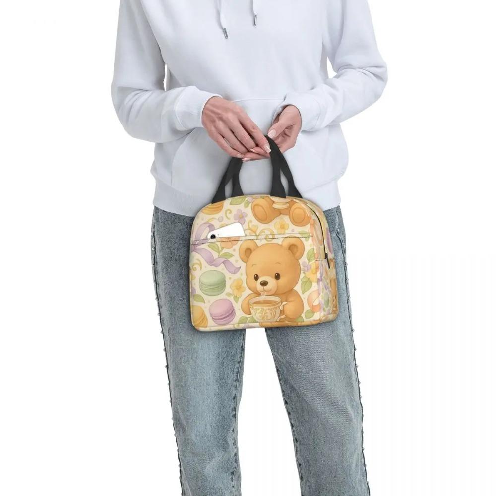 Cute Bear Coffee Dessert Pattern Insulated Lunch Bag for Women Kids Portable Food Boxes Thermal Lunch Box Tote