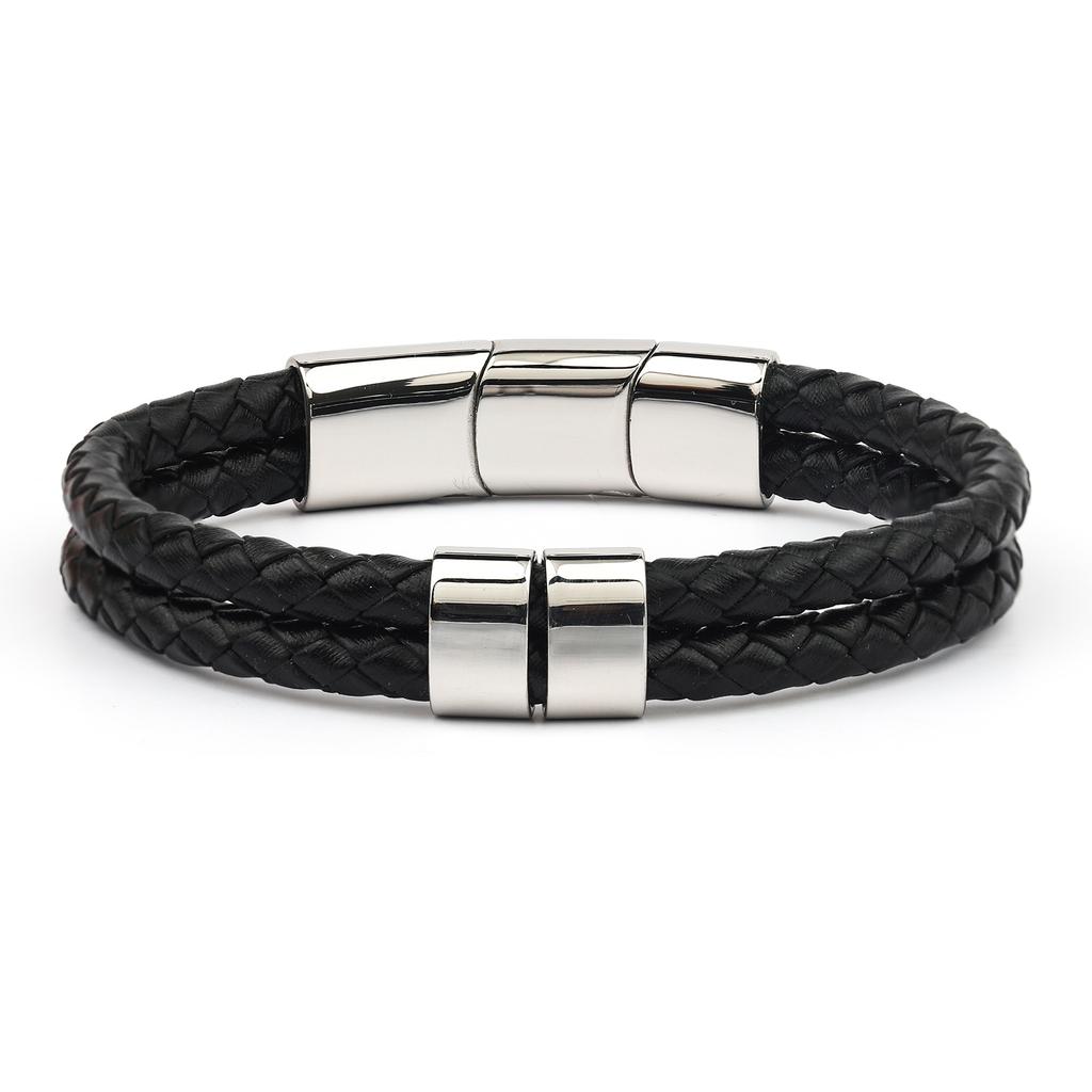 Men's Leather Bracelet Magnetic Tail Buckle Stainless Steel Positioning Ring Engraved Father's Day Gift Double Leather Bracelet