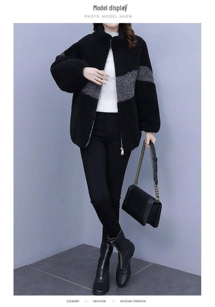 Women's Plus Size Color Block Lamb Wool Coat - Autumn/Winter Fashion Fleece Outerwear