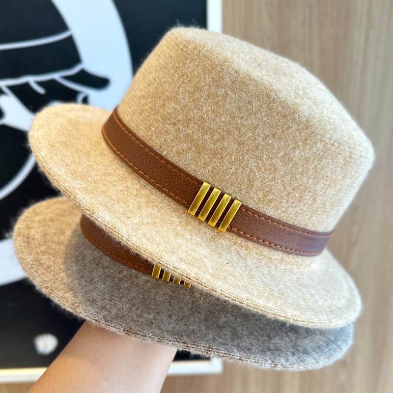 New Autumn And Winter French Elegant Retro Belt Flat Top Hat Women'S Woolen Fashion Top Hat Hepburn Style Trend