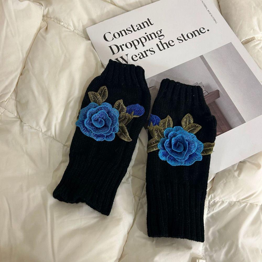 Gift Vintage Embroidery Knitted Gloves Half Finger Floral Fingerless Gloves Waterproof Warm Crochet Flower Mittens Outdoor
