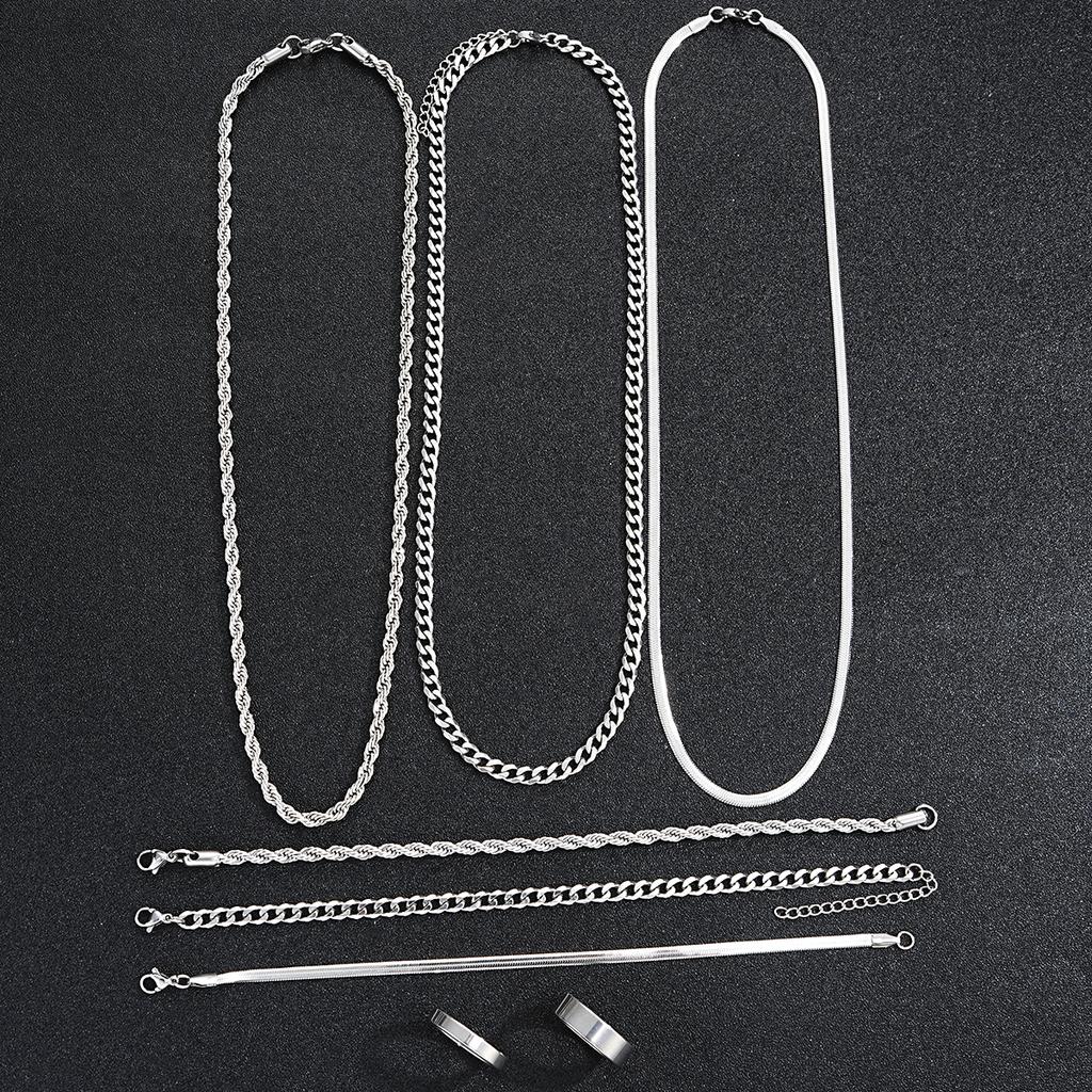iF ME 8pcs Stainless Steel Ring, Bracelet, Necklace Set, Steel Color Men's and Women's Hip-hop Jewelry Accessories, A Gift for Son and Husband