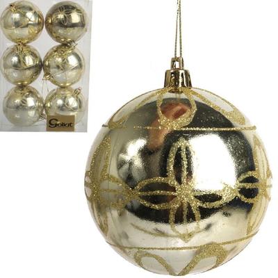 Set of 6 Plastic Baubles with Decoration, 8 Cm, Gold Color