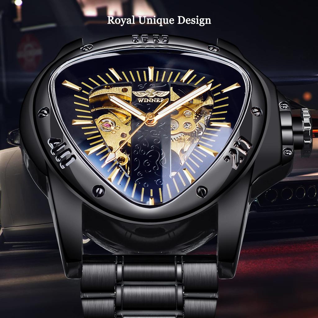 FORSINING Mechanical Wristwatch Triangle Racing Dial Waterproof Gold Skeleton Dial Automatic Movement Leather Design Men Black L Classic