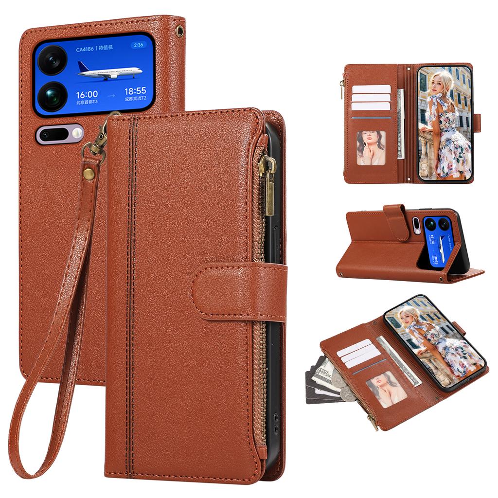 For Xiaomi 17 Pro Max Case Multi Card Slots Zipper Leather Phone Cover with Wrist Strap