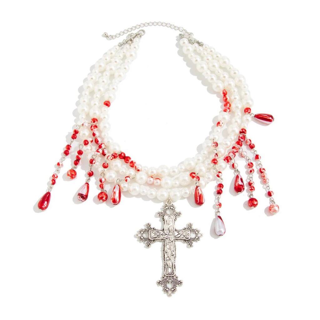 SHIXIN Goth Multi Layer Red Imitation Pearl Choker Necklace for Women Retro Jesus Cross Pendant Necklace Halloween Jewelry Gift