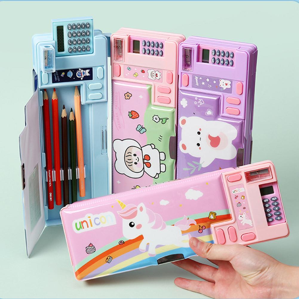 Multifunctional Pencil Box Cartoon Stationery Storage Box with Calculator Pencil Sharpener School Supplies Children Gift