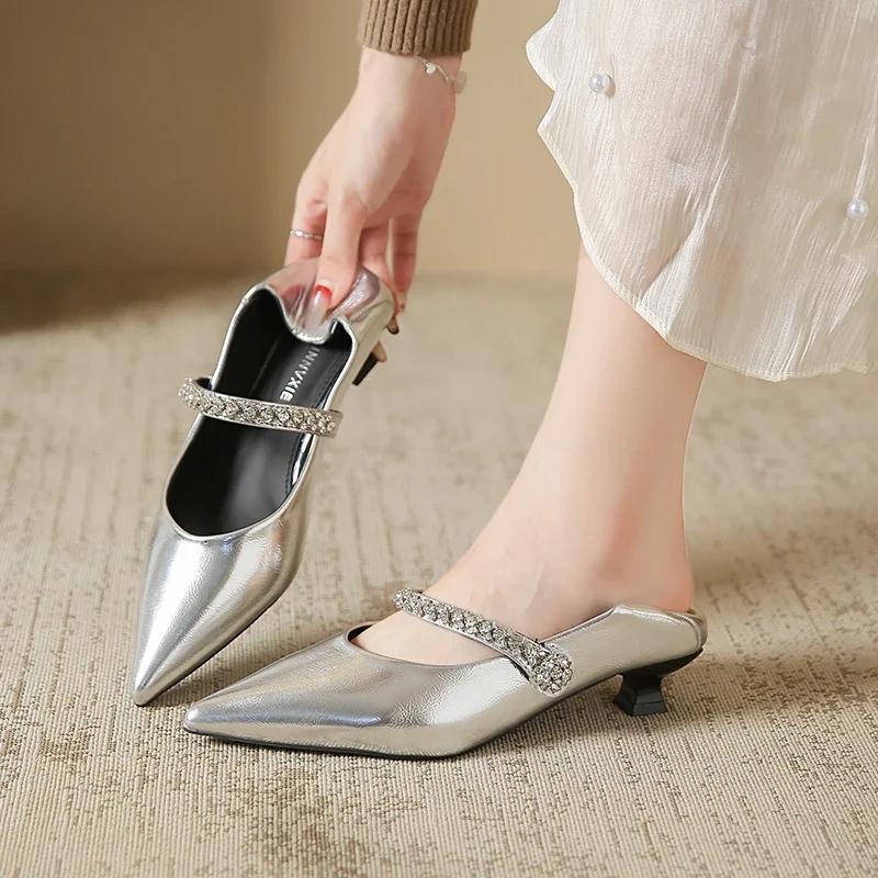 

2024 Новые модные женские туфли на высоком каблуке с острым носком на шпильках, сексуальные универсальные женские туфли для вечеринок, мюли, женская обувь Zapatos 40 серебряный