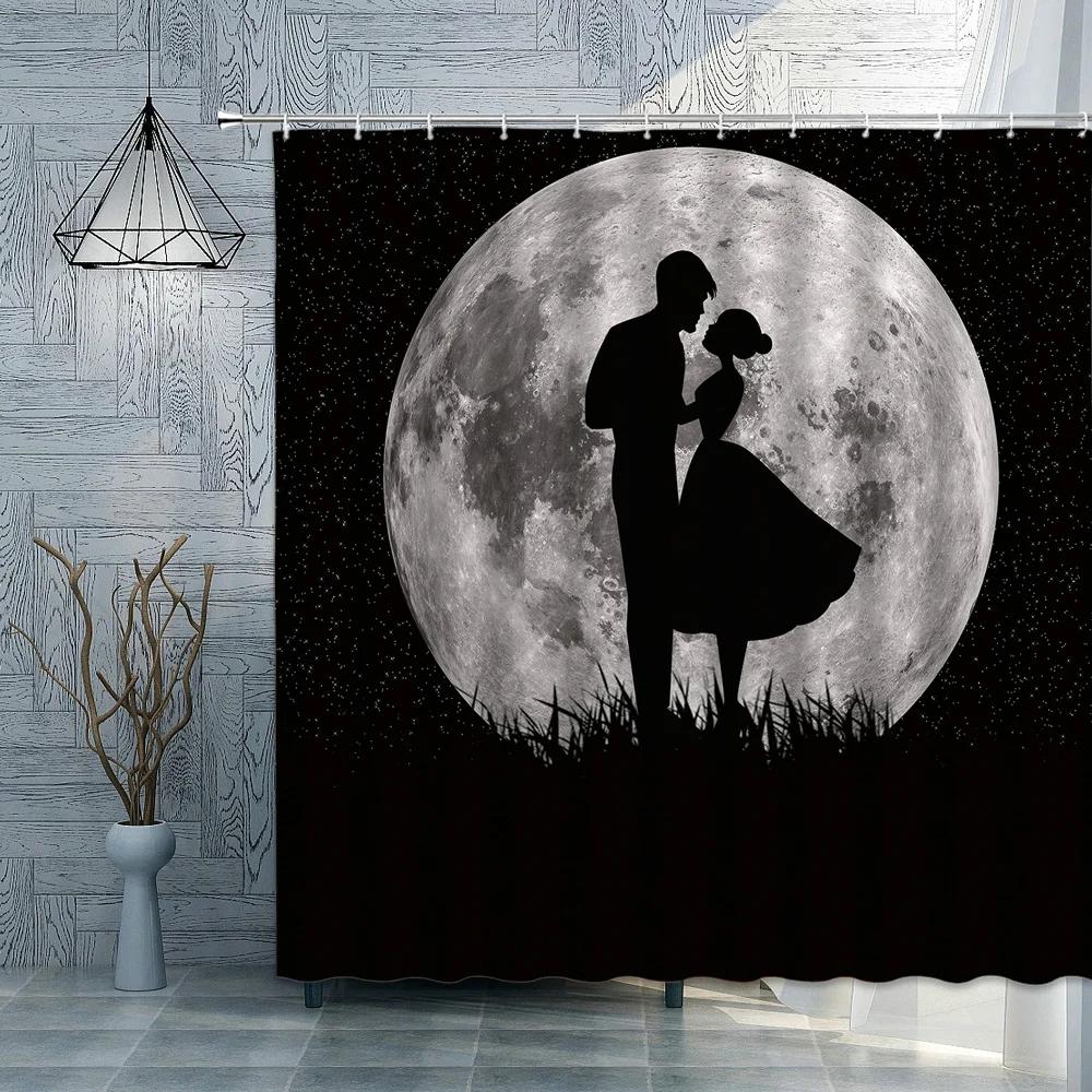 Romantic Lover Shower Curtains Moon Couple Waterproof Polyester Fabric Bathroom Curtain 3D Valentine's Day Decoration