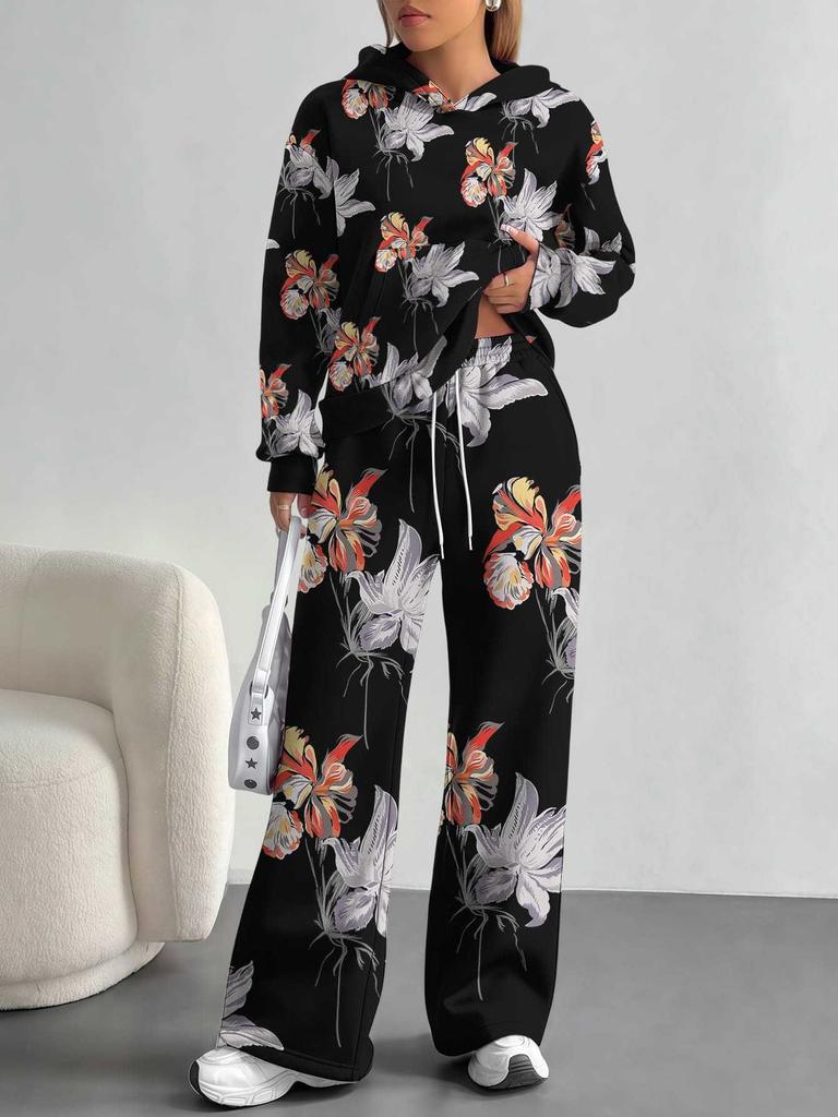 European and American Autumn and Winter Casual Long-sleeved Suit Women's Hooded Sweater Trousers Two-piece Set Retro Elements