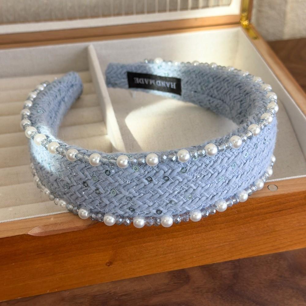 French Style Pearls Cloth Hair Hoop Rose Print Beige Blue Hair Band Beads Crystal Headband  Outdoor