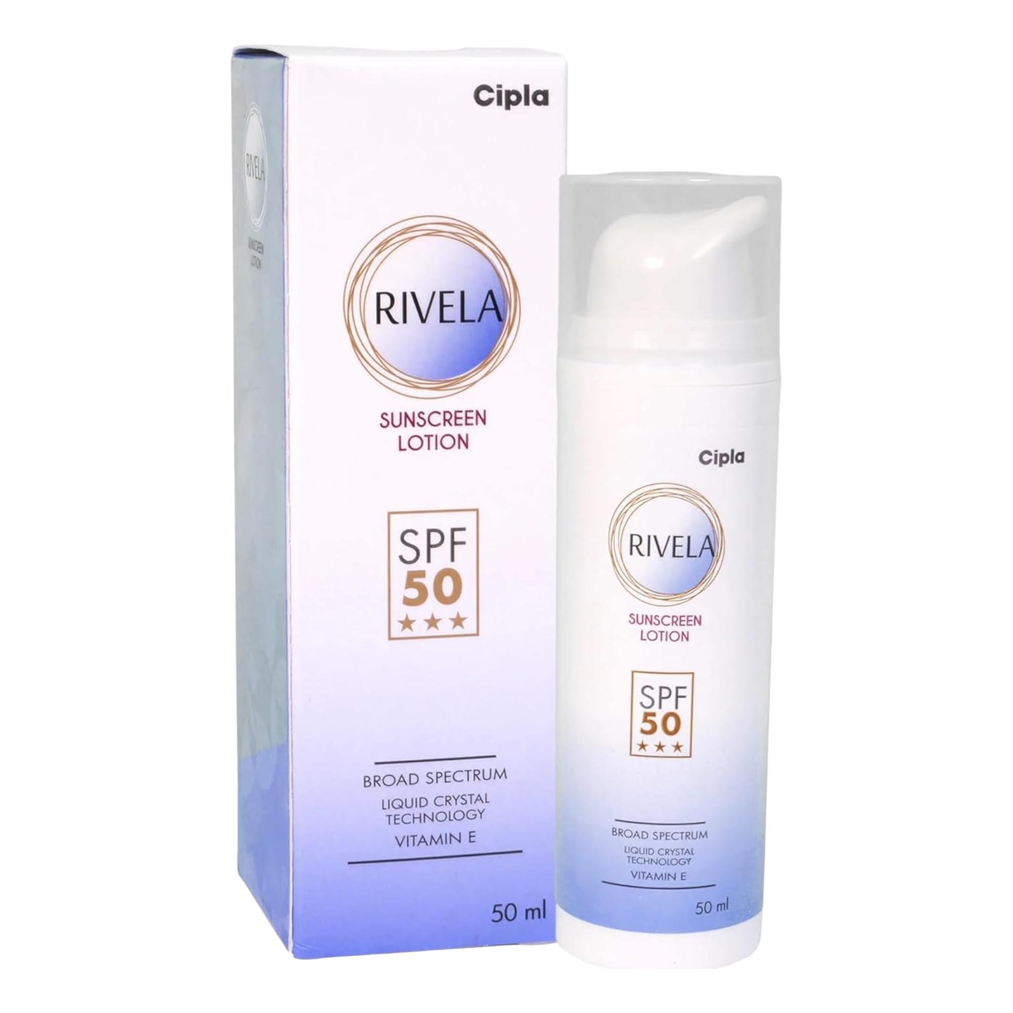 

Cipla Rivela Sunscreen SPF 50 Lotion 50 ml Broad-Spectrum UVA UVB Sun Protection Hydrating