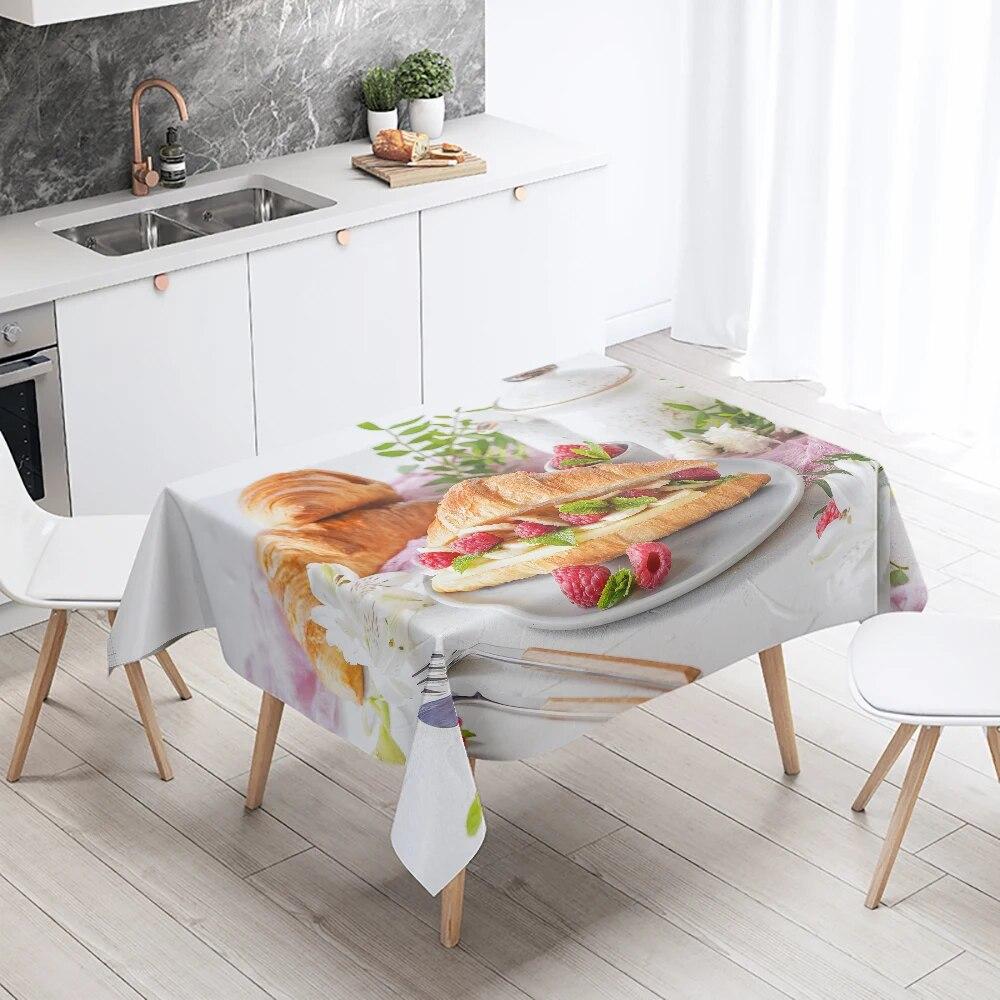 Gourmet Tablecloth Fruit Nut Cake Coffee Print Rectangular  Kitchen Table Decoration Stain Resistant And Waterproof