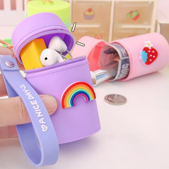 Storage Bag Cartoon Decor Earphone Keys Changes Coin Storage Bucket with Wrist Strap Zipper Closure Portable Keychain Bag Decoration Pendant