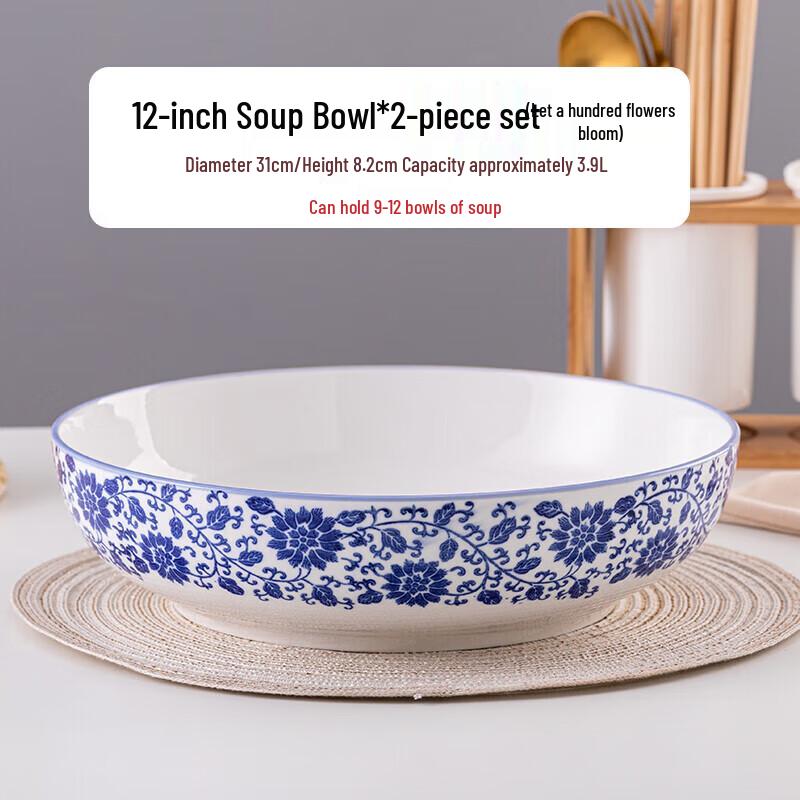 Blue & White Porcelain Ceramic Soup Bowl Set