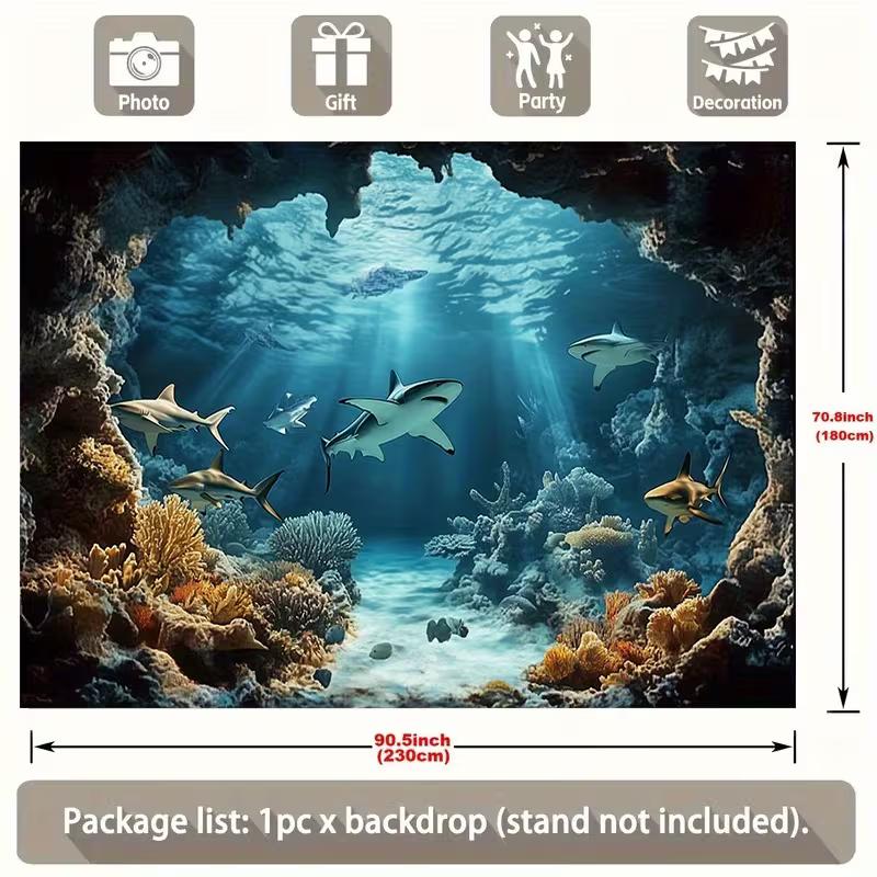 Underwater World Backdrop with Realistic Sharks, Corals and Ocean Cave View 47.2x31.5inch/120*80cm