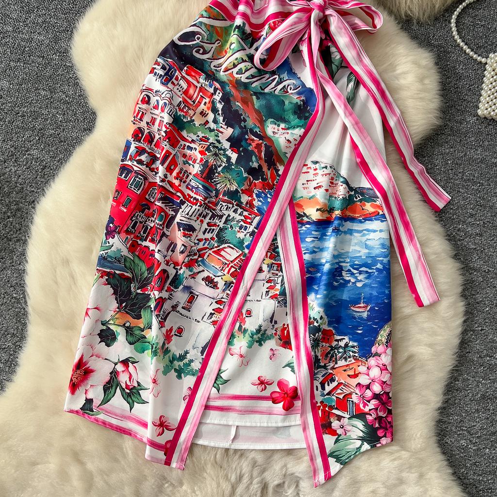 Sommer Damen Designer Vintage Print Laufstegkleid Kurzarm Schnürung Slim Bodycon Party Bleistiftkleider