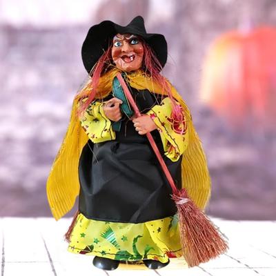 Halloween Witch Doll Decoration Spooky Witch Statue with Broomstick for Home Living Room Fireplace Mantel End Table Desktop Decor