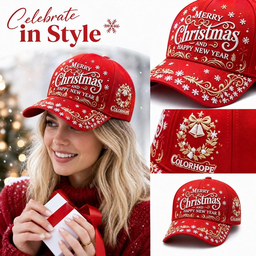 Christmas Red Digital Print Curved Baseball for Festive Holiday Wear