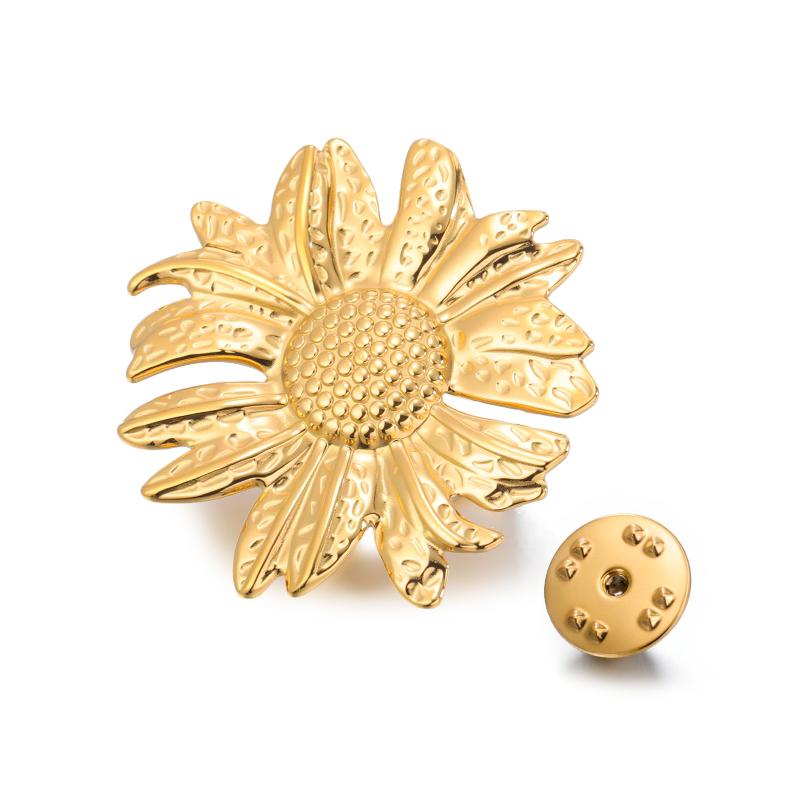 Womens Jewelry Four Petal Flower Brooch French Style Stainless Steel Gold Color Trendy Pin for Wedding Office Gift