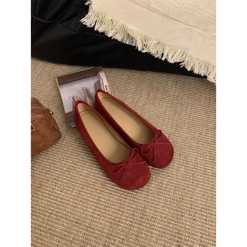 Candy Bow Light Mouth Suede Round Head Ballet Shoes Women's Soft Flat Bottom One Pedal Mary Jane Single Shoes