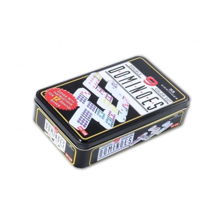 Jeu de dominos colorés double 9 - ENGELHART - Boîte en métal - 55 dominos - Règles incluses