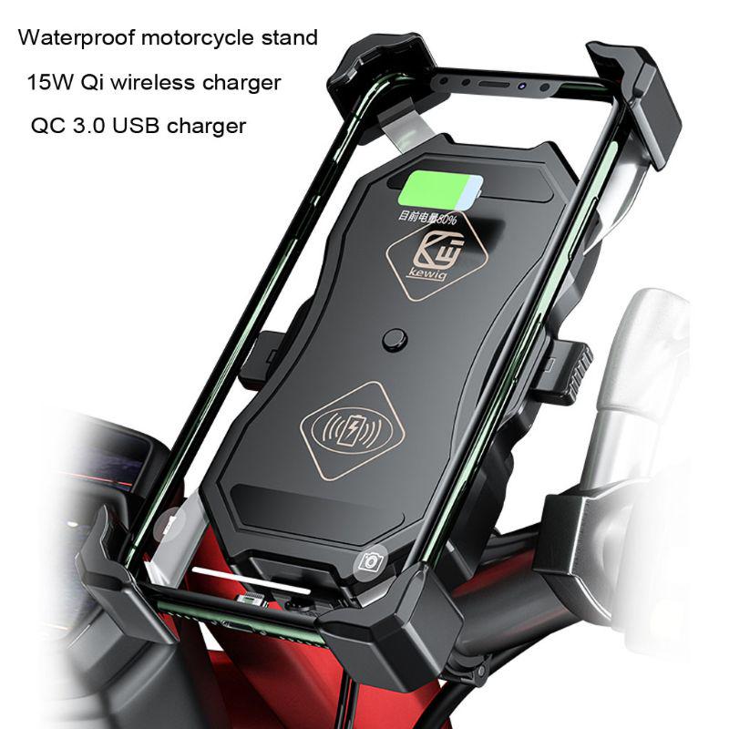 M11-A Motorcycle Wireless & QC3.0 USB Phone Mount Charger Qi 15W Handlebar Rear-View Mirror Cellphone Holder 360 Rotation for 3.5-6.5 Inch Smartphones