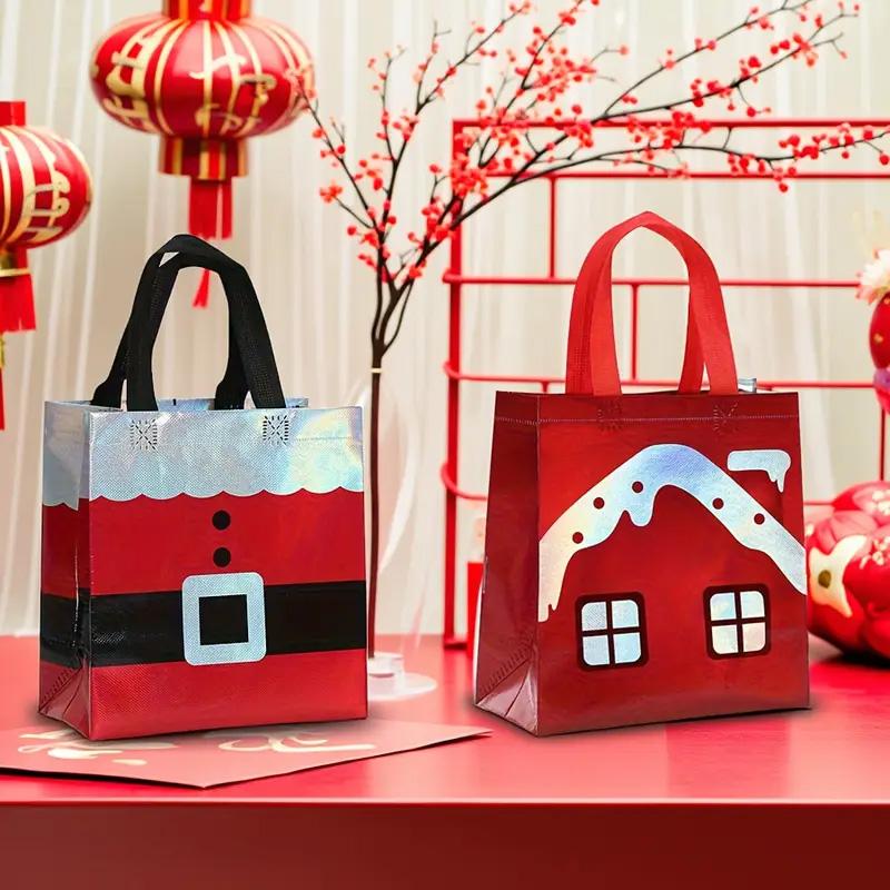 6/12PCS Non-woven Waterproof Retail Bags Red Gift Tote Bag Reusable Santa Claus & House Merry Christmas Mall Shopping Bags