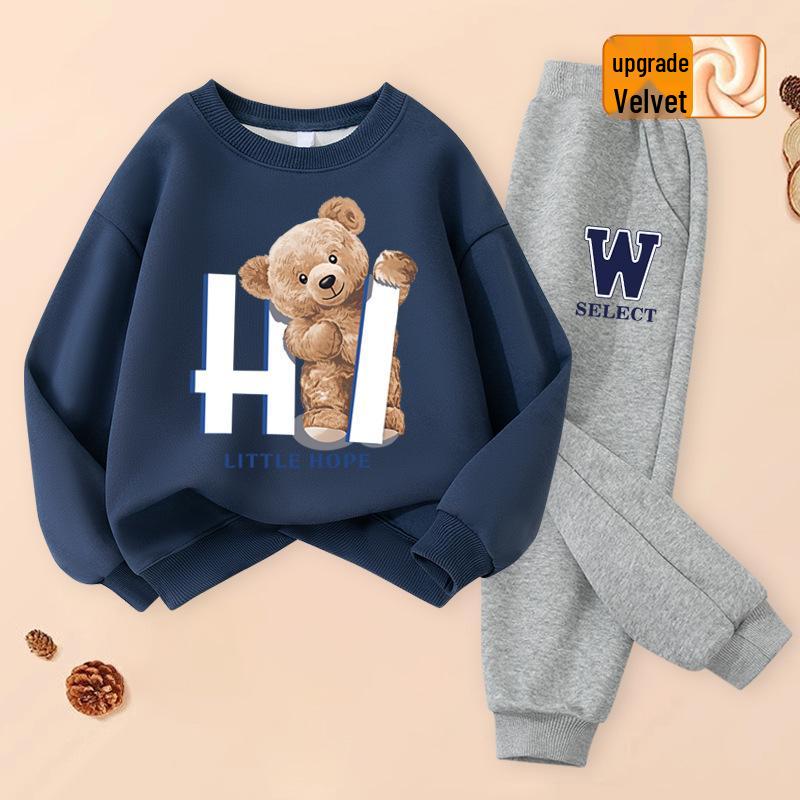 2025 Boys' Trendy Fleece-Lined Hoodie & Pants Sportswear Set for Spring & Autumn