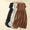 Summer Cotton Linen Women Dresses Vintage Short Sleeve Casual Loose Back Bandage Harajuku Party Club Dress with Pockets