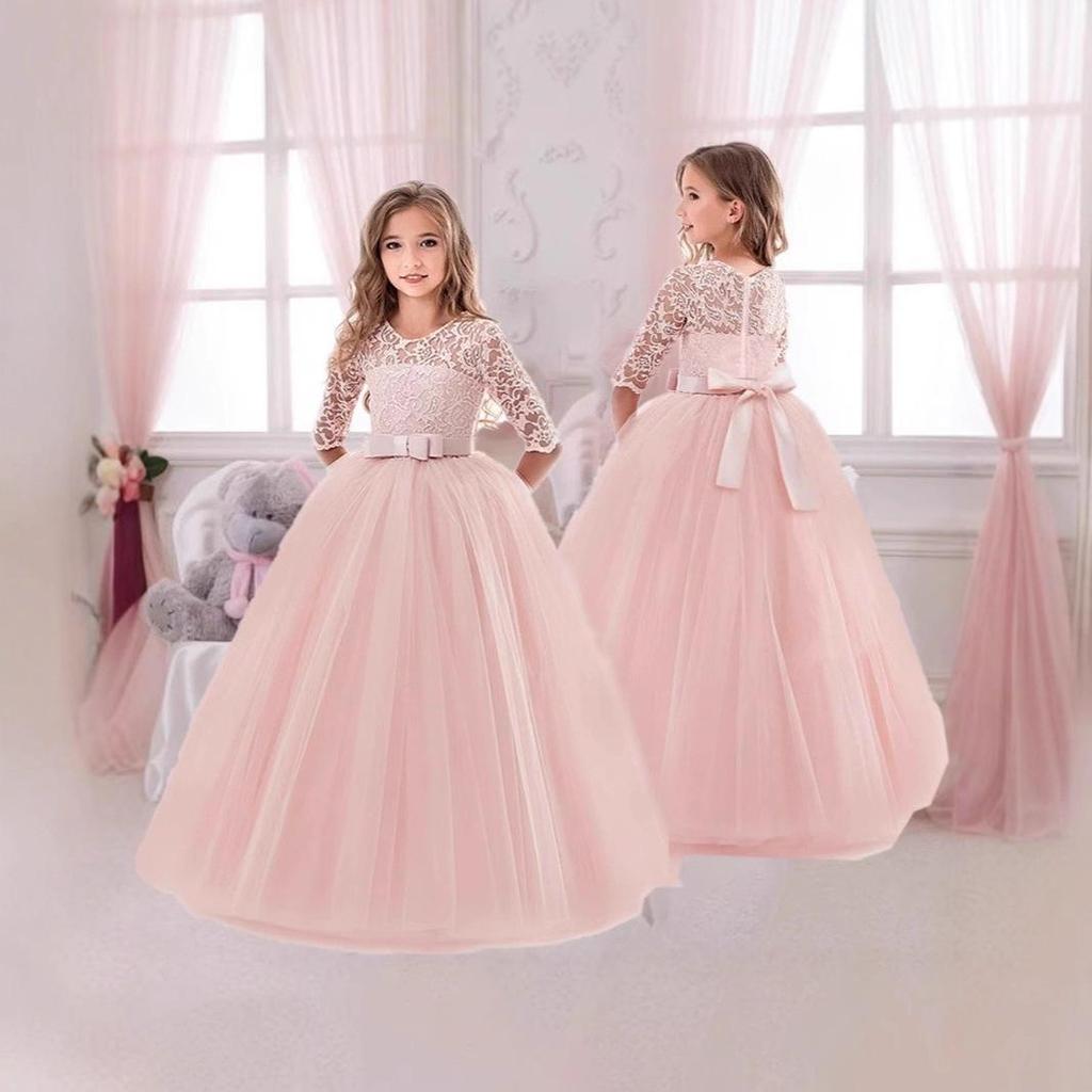 Vestito da Esibizione Gonfio per Bambina - Manica Corta, Manica a Tre Quarti, Vestito Principessa in Pizzo per Matrimoni e Compleanni