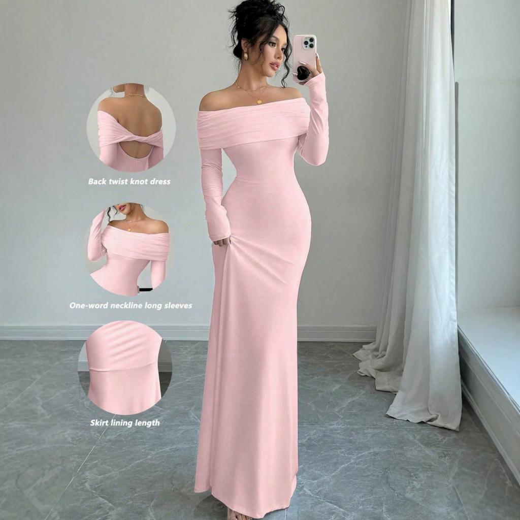 Women's Off-the-shoulder Pleated Tight-fitting Elegant Hip-wrapped Long Evening Dress Dress Women's Long-sleeved Skirt Women's Summer
