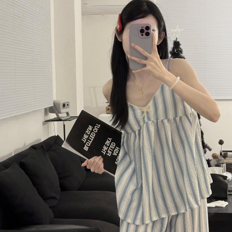 Женский летний пижамный комплект из 2 предметов, женский милый геометрический полосатый цветочный принт, топ и брюки, домашняя одежда, повседневная свободная ночная рубашка M