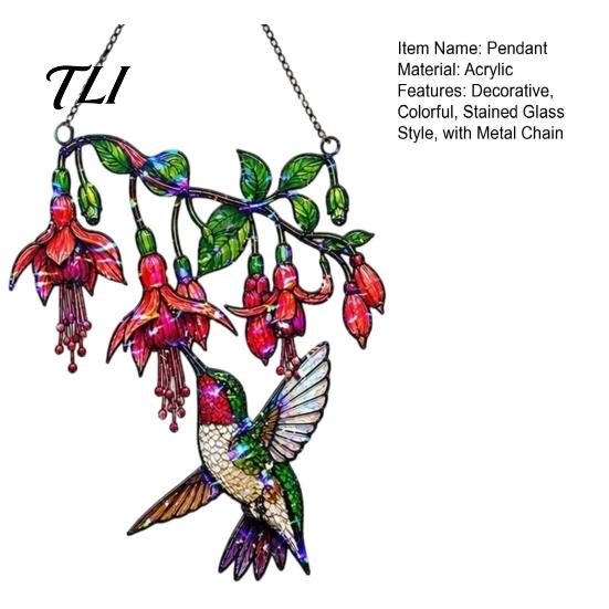 Acrylic Window Art Decor Hummingbird Hanging Pendant, Stained Glass Style Suncatcher for Home Vintage Light Refraction Garden Balcony Decoration,
