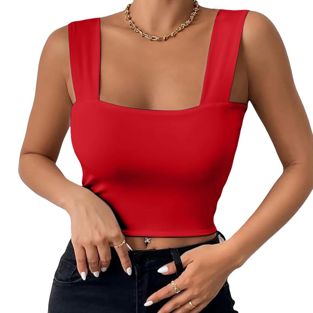 Basic Crop Tops for Women Square Collar Low Back Sleeveless Short Tank Top Solid Color Stretchy Bodycon Sexy Backless T Shirt