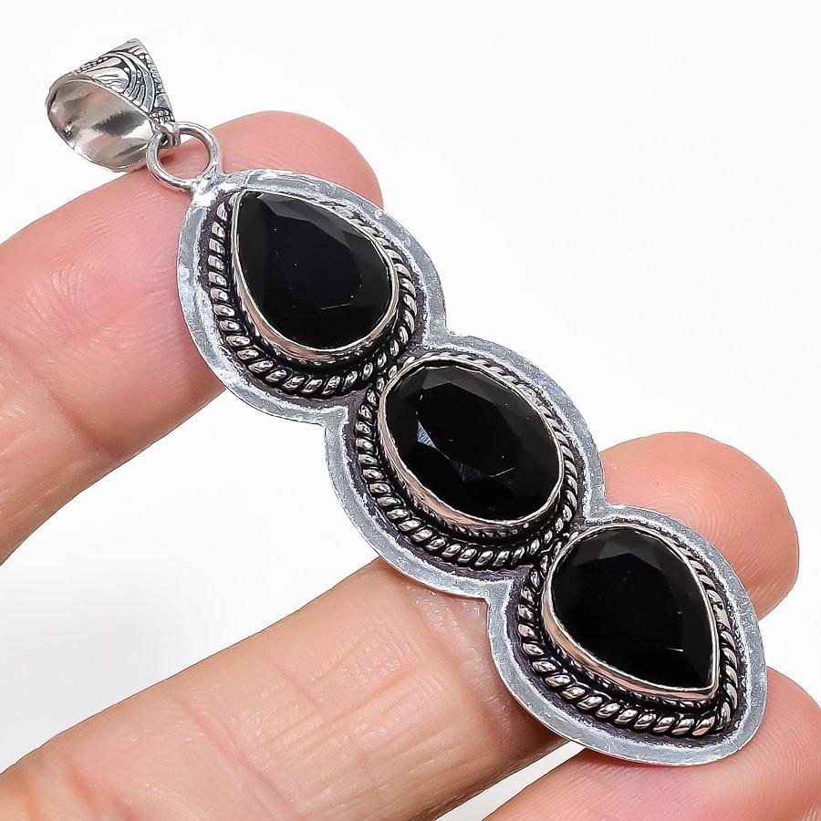 Black Spinel Gemstone Handmade 925 Sterling Silver Jewelry Pendant 2.76" KJ-76