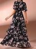 Women's Fashion V-neck Puff Sleeve Long Dress - Multi-layer Print Evening Party Gown