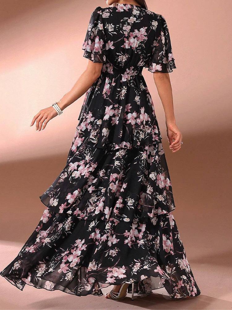 Women's Fashion V-neck Puff Sleeve Long Dress - Multi-layer Print Evening Party Gown