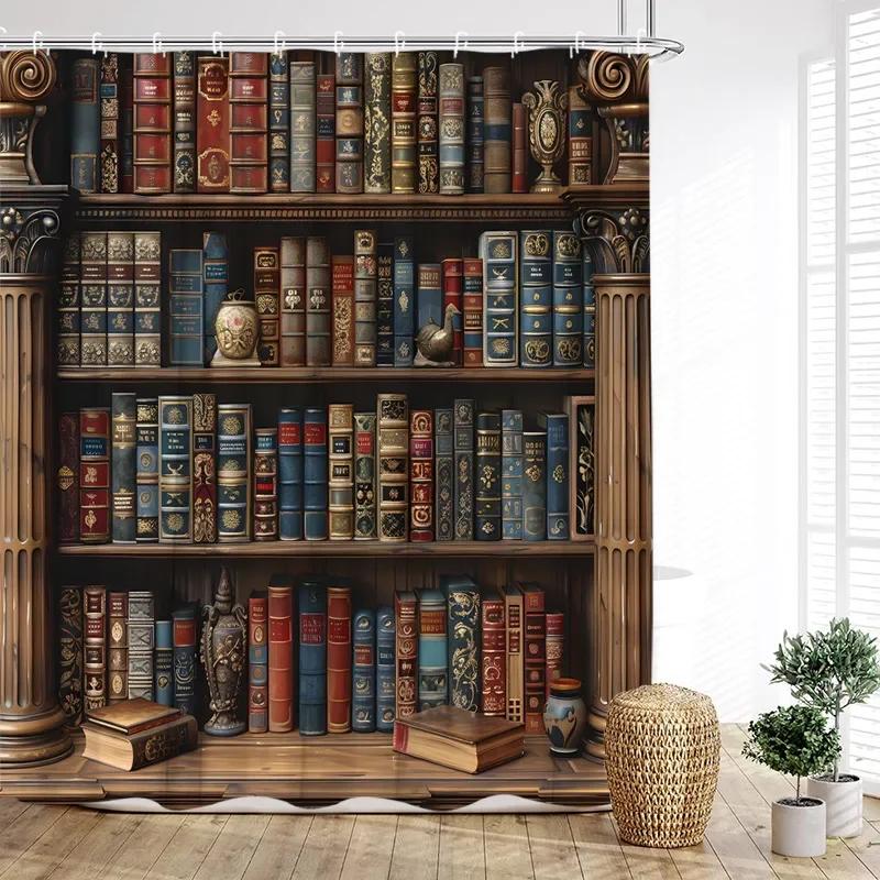 

Vintage Bookshelf Shower Curtain Retro Book Green Plant Leaves Modern Fabric Home Wall Hanging Bathroom Curtain Decor With Hooks W60H190(CM)-1 Pcs