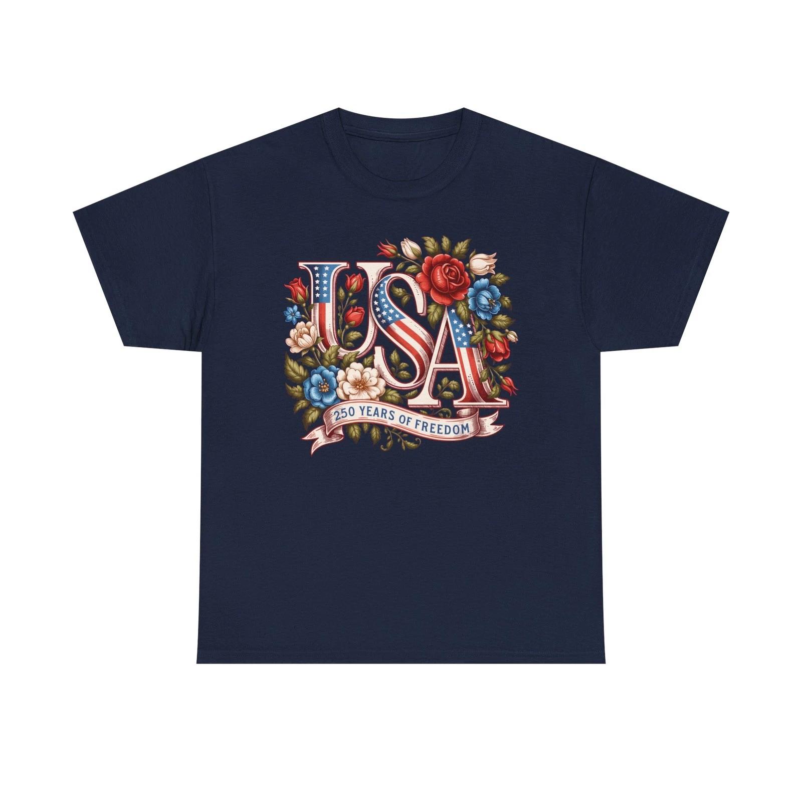 USA Floral Monogram 250 Years of Freedom T-Shirt | Patriotic Tee XL