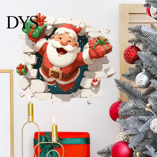 Seasonal Wall Art 3D Santa Claus Christmas Decals, Break Through Reindeer Decals Window Stickers, Removable Winter Holiday Decorations for Living Room