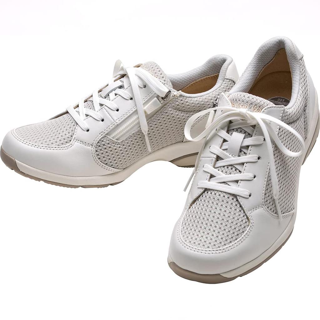 ASAHI Medical Walk WK L029 Women's Walking Shoes, Mesh/Leather, Zipper, Prevents Knee Problems, White, Size 23.5cm, 3E