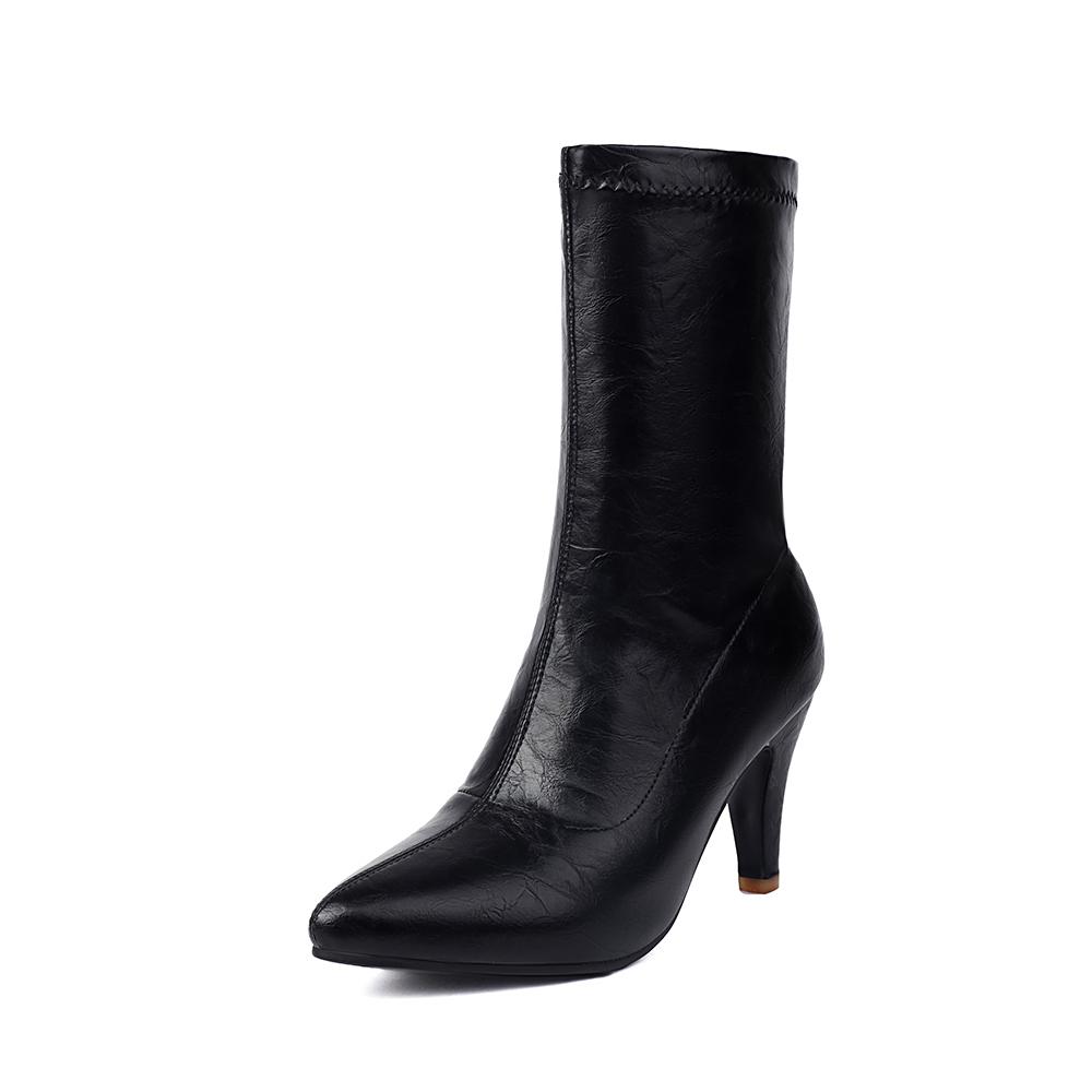 White Red Women Mid Calf Boots Pointed Toe High Spike Heel Small Big Size 33 47