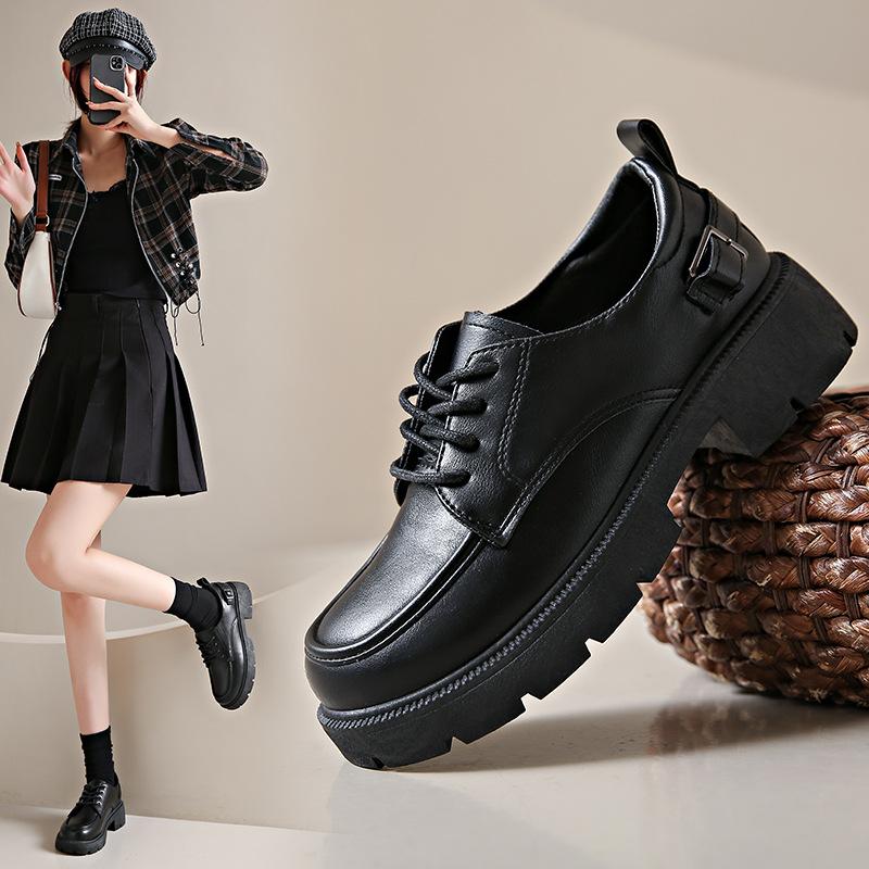 New loafers women's shoes leather surface 2025 spring solid color heightened platform student Korean version fashion campus K1802