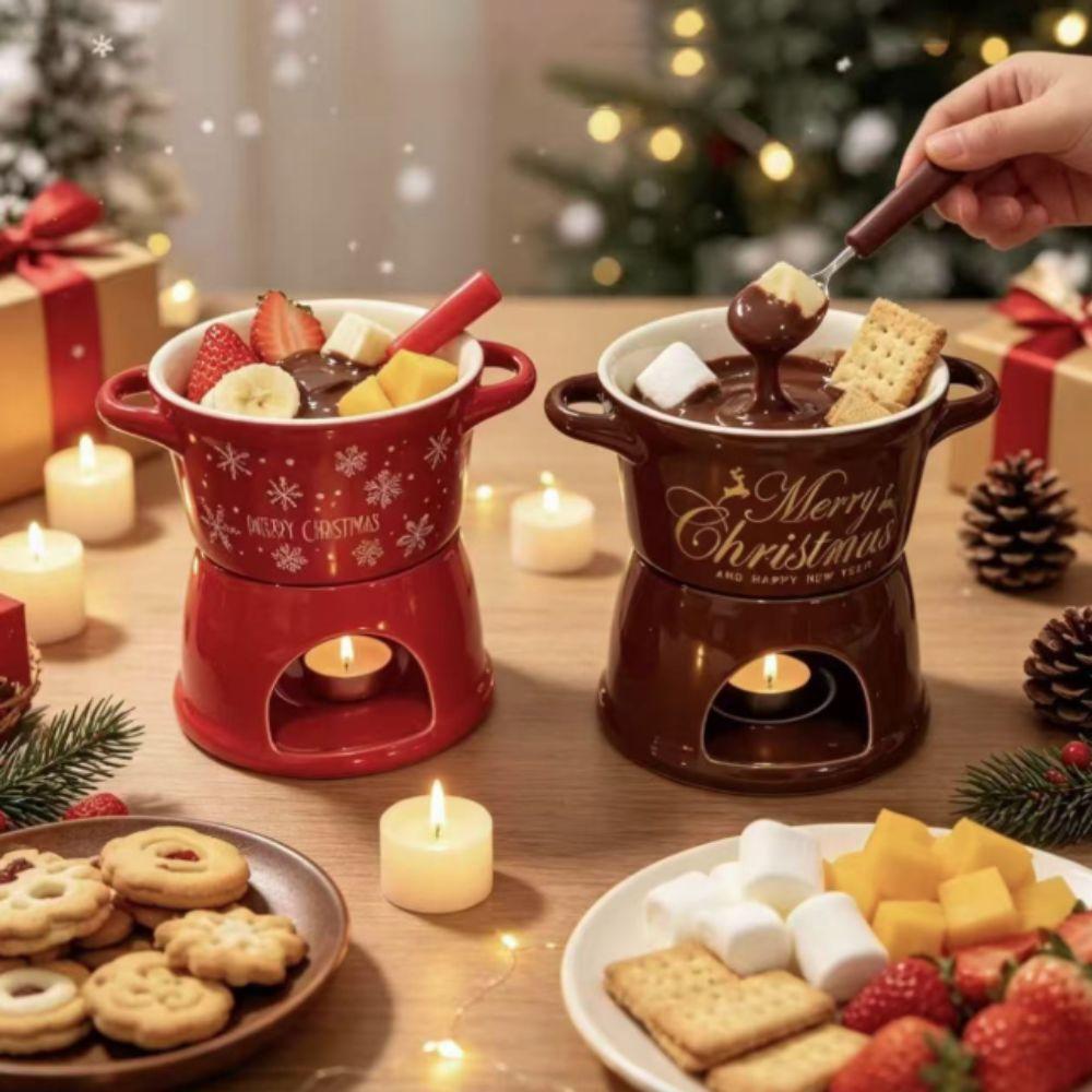 Ceramic Christmas Chocolate Fondue Cup Double Handle Butter Warmer Pot Dinning Table
